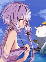 absurdres blue_sky breasts closed_mouth glasses highres jitome long_hair nipple_slip nipples ocean off_shoulder purple_hair sky small_breasts voiceroid wakutekan yuzuki_yukari