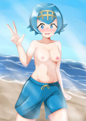 1girl absurdres artist_request beach blue_eyes blue_hair blue_sky blush breasts embarrassed female_focus highres humiliation lana_(pokemon) loli looking_at_viewer male_swimwear navel nintendo nipples open_mouth outdoors pokemon pokemon_sm public_indecency short_hair sky small_breasts solo standing topless_female v water