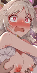 animal_ears antlers blush braid breasts commentary_request cropped deer_antlers deer_ears deer_girl grabbing_another&#039;s_breast grey_hair groping hair_intakes highres horns large_breasts louise_marie nipples no_bra nose_blush open_clothes open_mouth open_shirt paid_reward_available panicking princess_connect! red_eyes ryuki_(ryukisukune) shirt sleeveless sleeveless_shirt striped_clothes striped_shirt tearing_up vertical-striped_clothes vertical-striped_shirt wavy_mouth white_shirt