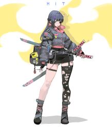 Rule 34 | 1girl, absurdres, ankle boots, arm at side, arm belt, arowana2111, backpack, bag, belt, black belt, black gloves, black hair, blue eyes, boots, breast pocket, buttons, cigarette, contrapposto, eyepatch, fingerless gloves, full body, gloves, highres, holding, holding cigarette, holding sword, holding weapon, horns, katana, lace-up boots, lapels, long sleeves, miniskirt, open mouth, original, pocket, shoelaces, single horn, single thighhigh, skirt, solo, standing, sword, teeth, thigh belt, thigh strap, thighhighs, torn clothes, torn thighhighs, upper teeth only, weapon