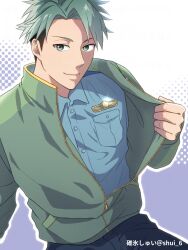 1boy artist_name black_pants blue_shirt breast_pocket buttons closed_mouth collared_shirt etra-chan_wa_mita! forehead green_eyes green_hair green_jacket highres jacket japan_national_police long_sleeves male_focus pants partially_unzipped pocket police police_uniform policeman shirt short_hair shui_6 smile solo tokusa_(etra-chan_wa_mita!) twitter_username undercut watermark zipper