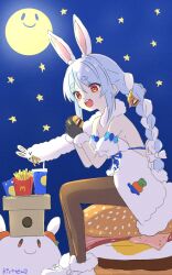 Rule 34 | 1girl, bare shoulders, black gloves, blue hair, blue sky, bow, braid, breasts, brown pantyhose, commentary request, cup, detached sleeves, disposable cup, don-chan (usada pekora), dress, drinking straw, food, food-themed hair ornament, french fries, full moon, fur-trimmed dress, fur-trimmed gloves, fur trim, gloves, hair bow, hair ornament, highres, hololive, kiritoma, long hair, mcdonald&#039;s, moon, multicolored hair, pantyhose, pekomon (usada pekora), puffy short sleeves, puffy sleeves, shoes, short sleeves, signature, sitting, sky, small breasts, star (symbol), strapless, strapless dress, tsukimi burger, twin braids, twintails, two-tone hair, usada pekora, usada pekora (1st costume), very long hair, virtual youtuber, white bow, white dress, white hair, white shoes, white sleeves