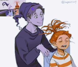 Rule 34 | 1boy, 1girl, anxiety (inside out 2), artist name, blanket, closed eyes, closed mouth, colored skin, derivative work, drooling, fear (inside out), freckles, hand up, hat, high ponytail, highres, holding, holding blanket, inside out, inside out 2, kugai697139, long hair, long sleeves, looking at another, messy hair, nightcap, open mouth, orange hair, orange skin, ponytail, puffy long sleeves, puffy sleeves, purple eyes, purple hair, purple hat, purple shirt, purple skin, screenshot redraw, shirt, short hair, simple background, sleeping, smile, striped clothes, striped sweater, sweater, teeth, upper body, white background, white sweater