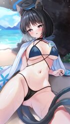 Rule 34 | 1girl, absurdres, bikini, black bikini, black eyes, black hair, black nails, blue archive, blue bikini, blue halo, blue haori, blush, breasts, halo, haori, highres, japanese clothes, katsushika pachi, kikyou (blue archive), kikyou (swimsuit) (blue archive), large breasts, looking at viewer, navel, official alternate costume, open mouth, short hair, solo, stomach, swimsuit