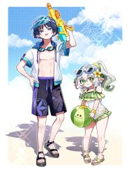 Rule 34 | 1boy, 1girl, absurdres, alternate costume, animal print, aranara (genshin impact), arm up, armpit crease, arms at sides, asymmetrical sidelocks, ball, beachball, bird print, black hair, black shorts, blue hood, blue sky, blunt ends, blush, body markings, border, bracelet, bright pupils, cloud, cloudy sky, collarbone, colored inner hair, contemporary, cross-shaped pupils, drawstring, eyelashes, eyewear on head, frilled sweater, full body, genshin impact, goggles, goggles around neck, gold, green eyes, green hair, green pupils, grey sandals, hair between eyes, hair ornament, hand on own hip, height difference, highres, hood, hood down, hooded jacket, jacket, jewelry, leaf, leaf hair ornament, long hair, looking at viewer, multicolored hair, nahida (genshin impact), navel, oishii sasa, one-piece swimsuit, open clothes, open jacket, open mouth, outdoors, pectorals, pigeon-toed, pointy ears, purple eyes, purple hair, sandals, scaramouche (genshin impact), shadow, short sleeves, shorts, side ponytail, sidelocks, sky, sparkle, standing, streaked hair, sunglasses, swimsuit, symbol-shaped pupils, tareme, thick thighs, thighs, toenails, toes, toned, tongue, tongue out, trigger discipline, tsurime, twitter username, visor cap, wanderer (genshin impact), water gun, watermark, white border, white hair, white jacket, white pupils, white sleeves