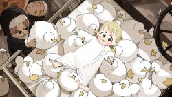 Rule 34 | 3girls, aged down, baby, barefoot, bird, blonde hair, blue eyes, brown hair, chicken, closed eyes, clumsy nun (diva), commentary, crib, diva (hyxpk), donut print, duck, english commentary, food print, habit, highres, hungry nun (diva), little nuns (diva), lying, mole, mole on cheek, multiple girls, nun, slice of life, strict nun (diva), sweat, tongue, tongue out, traditional nun