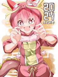 Rule 34 | 1girl, 2024, :d, absurdres, animal costume, blush, chinese zodiac, commentary request, dragon costume, dragon horns, dragon tail, drawstring, eyebrows hidden by hair, fake horns, fake tail, fang, flower-shaped pupils, hair between eyes, haru urara (umamusume), highres, horns, long sleeves, looking at viewer, open mouth, pink hair, red eyes, shi (kamokamo910), smile, solo, symbol-shaped pupils, tail, translation request, umamusume, v-shaped eyebrows, year of the dragon