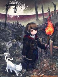 1girl black_coat black_dress black_hair boots cat coat dagger dress expressionless fantasy full_body highres holding holding_dagger holding_knife holding_torch holding_weapon knife lantern original outdoors red_eyes ruins short_hair sky solo taitannsouru torch weapon white_cat