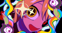+_+ 1girl :d black_sclera blonde_hair blush_stickers close-up colored_sclera commentary_request cookie_(touhou) fisheye heterochromia highres kirisame_marisa long_hair looking_at_viewer mismatched_pupils mismatched_sclera monitoring_(vocaloid) open_mouth psychedelic red_eyes smile solo suzu_(cookie) touhou unusually_open_eyes yamaimosatoimo yellow_eyes