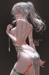 Rule 34 | 1girl, ass, azur lane, backless dress, backless outfit, bare arms, bare back, bare shoulders, black background, breasts, butt crack, choker, closed mouth, cosplay, cowboy shot, derivative work, dress, from behind, grey hair, hair between eyes, highres, holding strap, honkai: star rail, honkai (series), jewelry, median furrow, medium breasts, medium hair, nail polish, nixeu, paid reward available, patreon username, ponytail, revision, side slit, sideboob, sidelocks, silver dress, solo, st. louis (azur lane), st. louis (azur lane) (cosplay), st. louis (luxurious wheels) (azur lane), stelle (honkai: star rail), thigh strap, trailblazer (honkai: star rail), wardrobe malfunction, yellow eyes
