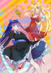Rule 34 | 2girls, absurdres, arm behind head, artist name, back bow, bare arms, bare shoulders, black dress, blonde hair, blue bow, blue bowtie, blue eyes, bow, bowtie, bracelet, breasts, circle skirt, cleavage, closed mouth, collared shirt, colored inner hair, commentary, dress, earrings, expressionless, eyelashes, feet out of frame, floating clothes, gold bracelet, gold necklace, gun, hair between eyes, handgun, happy, highres, holding, holding gun, holding sword, holding weapon, honekoneko (psg), hoop earrings, jewelry, juliet sleeves, knees, light blush, light frown, long hair, long sleeves, looking at viewer, medium breasts, medium dress, multicolored hair, multiple bracelets, multiple girls, nail polish, necklace, panty &amp; stocking with garterbelt, panty (psg), pantyhose, pink bow, pink hair, puffy sleeves, purple hair, red dress, red nails, reyella, see-through pantyhose, shirt, shirt under dress, short dress, siblings, signature, sisters, sleeve cuffs, sleeveless, sleeveless dress, stocking (psg), straight hair, streaked hair, striped background, stuffed toy, swept bangs, sword, very long hair, watermark, weapon, white pantyhose, white shirt, yellow background