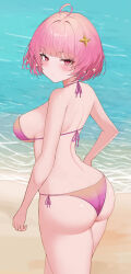 1girl absurdres ahoge ass back bare_shoulders beach bikini blush breasts closed_mouth commission day djmax djmax_respect eikawa_suru hair_ornament halterneck highres large_breasts looking_at_viewer looking_back median_furrow medium_hair outdoors pink_bikini pink_eyes pink_hair pixiv_commission rophe_(djmax) sand serious shoulder_blades side-tie_bikini_bottom solo swimsuit thighs water
