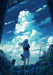 1girl barefoot bird black_shirt blue_sky cloud commentary_request cumulonimbus_cloud fern from_behind highres holding holding_shoes lantern leaf original outdoors pleated_skirt power_lines rock sailor_collar scenery shirt shoes short_sleeves shuu_illust skirt sky solo standing summer torii utility_pole white_bird white_hair white_sailor_collar white_skirt