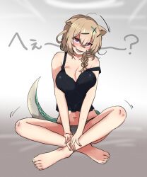 1girl absurdres arknights bare_shoulders barefoot black_tank_top blonde_hair blush breasts cleavage commentary feet full_body grey_panties hair_between_eyes hair_ornament hairclip highres indian_style kojita_kenchin large_breasts looking_at_viewer medium_hair navel no_pants open_mouth panties pink_eyes sitting smile solo strap_slip tail tank_top toenails toes underwear utage_(arknights) watermark watermark_grid