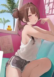 1girl absurdres armpits blush breasts brown_hair grey_shorts hair_bun hamunezuko_(nezukonezu32) highres indoors long_hair looking_at_viewer original pink_eyes rubber_duck shirt shorts sideboob sidelocks sitting solo tank_top white_shirt white_tank_top