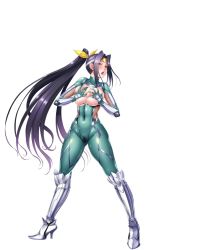 blush bodysuit breasts breasts_out grabbing_another&#039;s_breast grabbing_own_breast green_eyes groping high_heels high_ponytail highres large_breasts lilith-soft long_hair nipples ponytail pussy_juice solo sweat taimanin_(series) taimanin_asagi taimanin_rpgx very_long_hair wide_hips yubashiri_hayate zol
