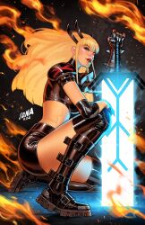 1girl armor black_boots black_jacket black_shorts boots cropped_jacket david_nakayama elbow_pads fire glowing glowing_sword glowing_weapon highres holding holding_sword holding_weapon initial jacket long_hair looking_at_viewer magik_(x-men) marvel on_one_knee pauldrons planted planted_sword planted_weapon short_shorts shorts shoulder_armor solo sword weapon x-men