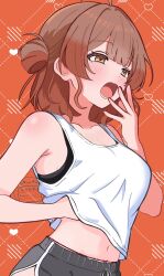 Rule 34 | 1girl, ahoge, amashi 2278, bare shoulders, black bra, blush, bra, breasts, brown eyes, brown hair, gakuen idolmaster, grey shorts, hair bun, hanami ume, highres, idolmaster, large breasts, midriff, navel, open mouth, shirt, shorts, solo, tank top, teeth, tongue, underwear, white shirt, white tank top, yawning
