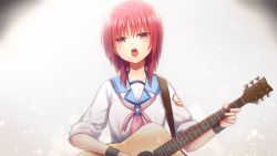 1girl angel_beats! blue_sailor_collar closed_eyes grey_background guitar holding holding_instrument instrument iwasawa_masami music nakamura_hinato neckerchief open_mouth pink_neckerchief red_hair sailor_collar school_uniform serafuku shinda_sekai_sensen_uniform short_hair singing solo teeth upper_body upper_teeth_only