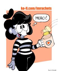 Rule 34 | 1girl, 2025, artist name, beret, black pants, coffee mug, coin, colored skin, commentary, cup, english commentary, eyelashes, gloves, gold coin, hat, highres, holding, holding cup, imrachets, ko-fi logo, long sleeves, makeup, mime, mug, mute, mute the mime (imrachets), open mouth, original, pants, shirt, solo, speech bubble, striped clothes, striped shirt, toon (style), watermark, web address, white gloves, white skin