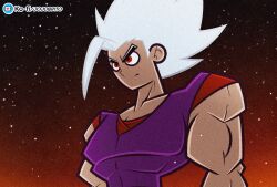 1boy animated animated_gif big_hair cartoonized dougi dragon_ball dragon_ball_super dragon_ball_super_super_hero gohan_beast grey_hair highres joseph_brito looking_at_viewer red_eyes signature son_gohan spiked_hair toon_(style) white_hair
