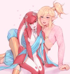 1boy 1girl androgynous blonde_hair blue_nails bracelet colored_skin desert_voe_set_(zelda) fins hair_ornament head_fins heart highres jewelry leaning_on_person legs_together link mipha nail_polish nereidere nintendo official_alternate_costume pointy_ears red_skin ring sash shrug_(clothing) sitting smile the_legend_of_zelda the_legend_of_zelda:_breath_of_the_wild topknot zora
