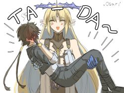 .osari 1boy 1girl :d bare_shoulders black_collar black_gloves black_hair black_jacket black_pants blonde_hair blush breasts closed_eyes collar commentary covering_face crown_of_thorns ear_wiggle earrings english_commentary fleurdelys_(wuthering_waves) floating_earrings gloves highres horns jacket jewelry large_breasts long_hair long_horns male_rover_(wuthering_waves) necklace open_mouth out_of_character pants pointy_ears reverse_princess_carry rover_(wuthering_waves) sidelocks single_horn smile very_long_hair wuthering_waves yellow_horns