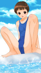 1girl arm_support barefoot blue_one-piece_swimsuit blue_school_swimsuit blush breasts brown_eyes brown_hair cloud collarbone dedenden_(pixiv30568724) looking_at_viewer one-piece_swimsuit open_mouth original pool school_swimsuit short_hair sitting sky small_breasts smile spread_legs swimsuit water