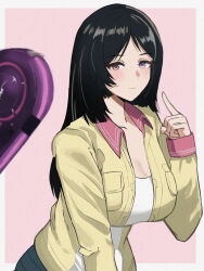 1girl absurdres arm_up black_hair blunt_ends blush border breasts closed_mouth commentary_request heterochromia highres hope_alanzi index_finger_raised large_breasts light_smile long_hair looking_at_viewer outside_border pink_background purple_eyes red_eyes simple_background solo white_border xenoblade_chronicles_(series) xenoblade_chronicles_x yamame_012