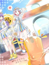 Rule 34 | 2girls, ameagari street (love live!), arm up, blue dress, blue sky, bob cut, boots, bus stop, colored inner hair, commentary request, day, diagonal bangs, dress, dutch angle, full body, gloves, goggles, goggles on head, green eyes, highres, inverted bob, left shoe removed, link! like! love live!, long hair, long sleeves, looking at another, love live!, multicolored hair, multiple girls, official alternate costume, orange boots, orange dress, otomune kozue, outdoors, parted lips, purple hair, raincoat, red eyes, red hair, sakari (pear 8 ll), see-through clothes, see-through raincoat, short dress, short hair, sidelocks, single boot, sky, sleeveless, sleeveless dress, socks, streaked hair, striped clothes, striped dress, translation request, unworn boots, vertical-striped clothes, vertical-striped dress, virtual youtuber, wavy hair, white gloves, white hair, white socks, yellow boots, yellow dress, yugiri tsuzuri