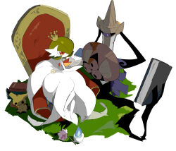 aegislash apios bad_id bad_twitter_id bob_cut book colored_skin creatures_(company) crown dress elbow_gloves flower game_freak gardevoir gen_3_pokemon gen_5_pokemon gen_6_pokemon gen_7_pokemon gloves green_hair hair_over_one_eye holding holding_book holding_shield litwick mega_gardevoir mega_pokemon mimikyu nintendo one-eyed pink_eyes pokemon pokemon_(creature) purple_eyes shield sitting sitting_on_throne strapless strapless_dress sword throne weapon white_dress white_gloves white_skin