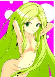 1girl barbariccia blonde_hair breasts final_fantasy final_fantasy_iv completely_nude green_eyes long_hair nude pink_background solo square_enix