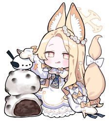 Rule 34 | 1girl, :p, animal ear fluff, animal ears, bird, blonde hair, blue archive, blush, chibi, cross halo, dress, flower, forehead, fox ears, fox girl, gradient eyes, hair flower, hair ornament, halo, highres, kurihara sakura, long hair, looking at viewer, multicolored eyes, seia (blue archive), simple background, sleeve bow, sleeves past fingers, sleeves past wrists, solo, tit (bird), tongue, tongue out, white background, white bird, white dress, yellow eyes, yellow halo