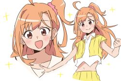 Rule 34 | 1girl, :d, absurdres, ahoge, blush, brown eyes, closed mouth, collarbone, collared shirt, commentary request, cowboy shot, cropped shirt, cropped shoulders, hair ornament, hair scrunchie, highres, ikizulive! love live! bluebird, jacket, kanzaki gou, long hair, looking at viewer, love live!, midriff, multiple views, navel, official alternate costume, one side up, open mouth, orange hair, pink scrunchie, scrunchie, shirt, sidelocks, skirt, sleeveless, sleeveless jacket, smile, sparkle, split mouth, swept bangs, takahashi polka, what is my life? (love live!), white shirt, yellow jacket, yellow skirt