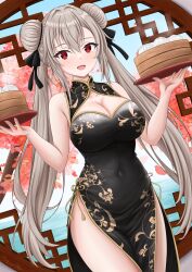 1girl absurdres black_ribbon breasts china_dress chinese_clothes cleavage cleavage_cutout clothing_cutout collarbone covered_navel cowboy_shot day double_bun dress dutch_angle eydis_(sao) eyelashes floral_print_dress food grey_hair hair_between_eyes hair_bun hair_ribbon hands_up highres holding holding_tray indoors large_breasts looking_at_viewer phanuchan print_dress red_eyes ribbon side_slit solo steam steamed_bun sword_art_online sword_art_online:_alicization sword_art_online:_unleashed_blading thighs tray twintails
