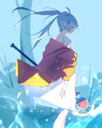 1girl bare_shoulders blue_background capelet dress earrings elf floating_earrings frieren grey_hair holding holding_staff jewelry mage_staff pointy_ears simple_background sousou_no_frieren staff sydus tree twintails white_dress