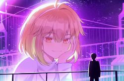 1boy 1girl absurdres ahoge arcueid_brunestud blade_runner_(series) blade_runner_2049 blonde_hair blush castle couple giant giantess hand_on_own_face highres kaworu13 looking_at_another meme movie_reference night night_sky red_eyes scene_reference size_difference sky smile standing sweater tohno_shiki tsukihime tsukihime_(remake) turtleneck turtleneck_sweater upper_body white_sweater you_look_lonely_(meme)