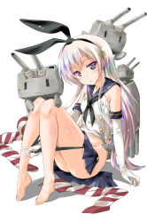 1girl :3 anchor_hair_ornament barefoot black_panties bow brown_eyes commentary_request elbow_gloves feet gloves grey_hair hair_bow hair_ornament highres kantai_collection knees komatsu_eiji long_hair open_clothes open_skirt panties panty_pull rensouhou-chan school_uniform serafuku shimakaze_(kancolle) ship_turret simple_background sitting skirt thighhighs underwear unworn_thighhighs white_background white_gloves |_|