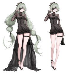 Rule 34 | 1girl, absurdres, alternate costume, alternate hair length, alternate hairstyle, bag, black bag, black bow, black dress, black nails, black shirt, black shoes, bob cut, bow, braid, breasts, closed mouth, dress, earrings, fingernails, full body, grey eyes, hair bow, hand up, highres, holding, holding bag, jewelry, long hair, long sleeves, looking at viewer, low twin braids, medium breasts, multiple views, nail polish, one eye covered, phrolova (wuthering waves), red pupils, shirt, shoes, short hair, simple background, skindentation, thigh strap, thighs, twin braids, very long hair, white background, wuthering waves, youngjoo kjy