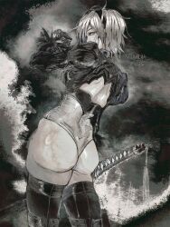 2025 2b_(nier:automata) absurdres artist_name ass back_cutout black_thighhighs clothing_cutout commentary english_commentary greyscale hairband highleg highleg_leotard highres holding holding_sword holding_weapon leotard linadia11 looking_at_another looking_at_viewer monochrome nier:automata nier_(series) skindentation standing sword sword_tassel tassel thighhighs weapon