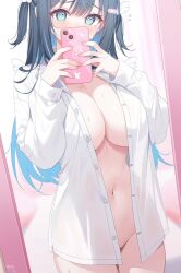 1girl @_@ amano_nene_(vtuber) aqua_eyes blue_hair blush breasts cellphone colored_inner_hair commentary deyui dress_shirt english_commentary fingernails flying_sweatdrops groin hair_ornament highres holding holding_phone indie_virtual_youtuber indoors large_breasts long_hair long_sleeves mirror_selfie mole mole_on_breast multicolored_hair naked_shirt navel open_clothes open_shirt phone see-through_silhouette selfie shirt smartphone solo two_side_up unbuttoned virtual_youtuber wing_hair_ornament
