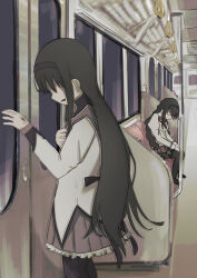 absurdres akemi_homura akemi_homura_(magical_girl) black_hair glasses hairband hand_grip highres long_hair long_sleeves magical_girl mahou_shoujo_madoka_magica mitakihara_school_uniform multiple_persona pantyhose purple_hairband school_uniform schuschuschultz shirt train_interior very_long_hair white_shirt window