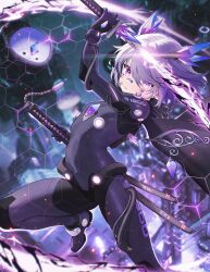 1girl alternate_costume arm_up bandaid bandaid_on_face bandaid_on_nose black_bodysuit black_cape blurry blurry_background bodysuit cape chest_jewel cityscape commentary earrings english_commentary flat_chest gem hair_ornament hairclip hand_jewel headgear highres holding holding_sword holding_weapon hololive hololive_english jewel_under_eye jewelry katana koseki_bijou official_alternate_hair_length official_alternate_hairstyle parted_lips pebble_(koseki_bijou) purple_eyes purple_gemstone purple_hair sheath sheathed short_hair sk_jynx solo swept_bangs sword tomato_(sword) virtual_youtuber weapon