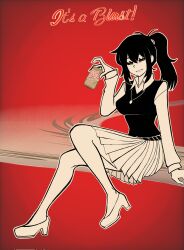 Rule 34 | 1girl, antenna hair, arm support, bare legs, black sweater vest, breasts, can, collared shirt, commentary, commission, corrupted twitter file, cup, double-parted bangs, drink can, english commentary, english text, full body, green eyes, grin, guguguguh, hair between eyes, half-closed eyes, hand up, high heels, high ponytail, highres, holding, holding cup, jewelry, knee up, long hair, long sleeves, looking at viewer, medium breasts, medium skirt, necklace, nemlei (style), outline, pleated skirt, ponytail, red background, renee graves, shirt, simple background, sitting, skirt, smile, soda can, solo, sweater vest, the coffin of andy and leyley, vignetting, white outline, white shirt, white skirt