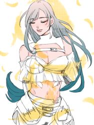 Rule 34 | 1girl, arms behind back, bare shoulders, belt, belt buckle, black hair, breasts, buckle, chest guard, chest harness, cleavage, closed eyes, closed mouth, commentary, cowboy shot, crop top, cropped shirt, earrings, falling feathers, feather earrings, feathers, final fantasy, final fantasy vii, final fantasy vii ever crisis, frilled shirt, frills, harness, jewelry, large breasts, lips, litter7th, long hair, midriff, multiple belts, navel, off-shoulder shirt, off shoulder, official alternate costume, shirt, single earring, skirt, solo, swept bangs, symbol-only commentary, tifa lockhart, tifa lockhart (feather style), white shirt, white skirt, yellow feathers