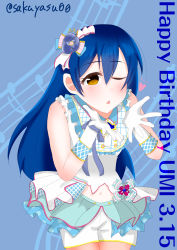 1girl ;) ;3 absurdres aqua_bow aqua_skirt artist_name artist_request bare_legs bare_shoulders blowing_kiss blue_background blue_bow blue_flower blue_hair blush bow breasts brown_eyes buttons checkered_clothes checkered_skirt collarbone collared_dress crown_hair_ornament crown_necklace crown_print dated dress female_focus flower frilled_dress frills gloves hair_between_eyes hair_flower hair_ornament heart highres long_hair looking_at_viewer love_live! love_live!_school_idol_festival love_live!_school_idol_project miniskirt neck_ribbon one_eye_closed parted_lips pink_bow plaid_clothes plaid_dress plaid_skirt pleated pleated_dress pleated_skirt polka_dot polka_dot_skirt purple_bow ribbon rose shorts shorts_under_skirt skirt sleeveless sleeveless_dress smile solo sonoda_umi striped_bow white_dress white_gloves white_neckwear white_shorts white_skirt wink wrist_bow yellow_eyes