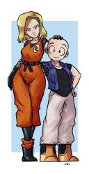 Rule 34 | 1boy, 1girl, android 18, bald, bald male, black eyes, blonde hair, blue eyes, couple, dragon ball, happy, highres, hug, husband and wife, kuririn, looking at viewer, smile