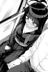 1boy 1girl blue_archive blush breasts bus_interior chawanman cleavage closed_mouth commentary_request flying_sweatdrops greyscale halo holding_hands large_breasts liquid_halo long_hair monochrome navel neckerchief pants pleated_skirt school_uniform sensei_(blue_archive) serafuku shirt sitting skirt sweat tsurugi_(blue_archive) window