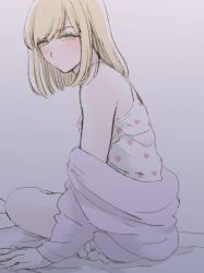 Rule 34 | 1boy, bare shoulders, blonde hair, blush, cardigan, crossdressing, dress, from side, heart, heart print, looking to the side, male focus, medium hair, off shoulder, original, seira (yuki touko), sitting, swept bangs, trap, yuki touko