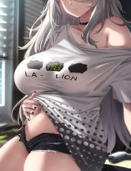 1girl black_choker black_nails black_panties black_shirt black_shorts breasts choker clothes_lift collarbone commentary_request eyes_out_of_frame grey_hair head_out_of_frame highres hololive indoors large_breasts long_hair moisture_(chichi) nail_polish navel open_pants panties pants parted_lips shirt shirt_lift shishiro_botan shishiro_botan_(casual) short_shorts short_sleeves shorts sitting solo thighs two-tone_shirt underwear unzipped virtual_youtuber white_shirt window window_blinds
